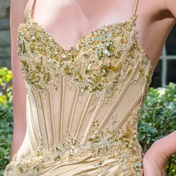 New Soft Satin Elegant Sheath Gown w/ Sheer Boned Bodice & Side Drape GL3808 - Picture 6 of 14